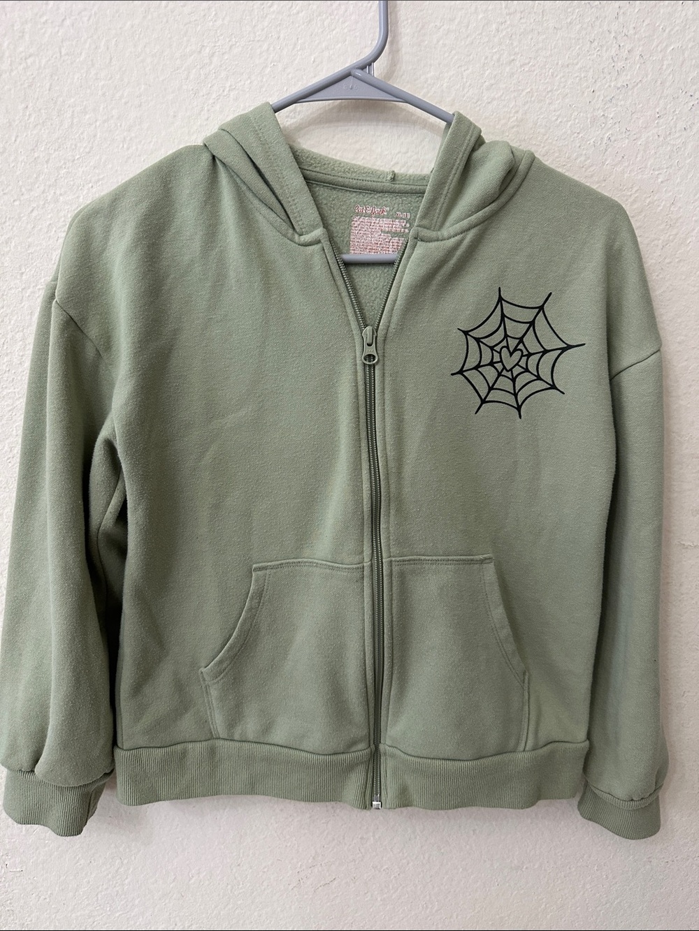 Cat & Jack Sage Green Zip Hoodie with Black Spiderweb Graphic